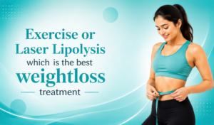 "Exercise vs Laser Lipolysis for inch loss and weight loss treatment, featuring a woman measuring her waist and body contouring results."