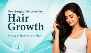 **Alt Text (SEO-Friendly):** *"Woman with long, healthy, shiny hair promoting a non-surgical hair growth treatment solution. Banner highlights stronger hair growth with a modern medical and aesthetic healthcare design."* **Short Alt Text:** *"Woman with healthy long hair promoting non-surgical hair growth treatment."* **Accessibility-Focused Alt Text:** *"Smiling woman with thick, shiny hair beside text reading 'Non-Surgical Solution For Hair Growth – Stronger Hair Starts Here' on a light blue medical-themed background."* For a website/blog image, I would recommend using: "Woman with healthy long hair promoting non-surgical hair growth treatment for stronger, fuller hair." 
