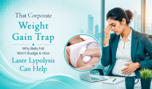 Corporate woman experiencing stress and holding her stomach at work, illustrating workplace weight gain and stubborn belly fat, with a laser lipolysis treatment inset and the text "The Corporate Weight Gain Trap."