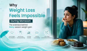 Woman following a healthy lifestyle during monsoon while learning about the best weight loss treatment for stubborn fat.