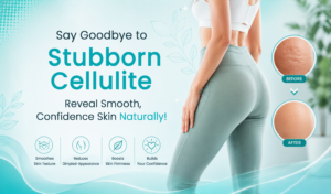 Promotional banner for cellulite treatment showing a woman from the back in activewear with before-and-after skin texture comparison. Text reads “Say Goodbye to Stubborn Cellulite” and highlights smoother skin texture, reduced dimpled appearance, improved skin firmness, and enhanced confidence through natural, non-surgical cellulite reduction treatments.