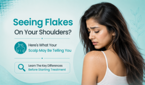 A woman with long dark hair looks at white flakes on her shoulder. Large text reads, “Seeing Flakes On Your Shoulders? Here’s What Your Scalp May Be Telling You.” A callout highlights learning the key differences before starting treatment.
