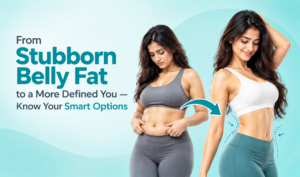 Stubborn belly fat before and after body contouring treatment, showing abdominal fat reduction and a more defined waistline.