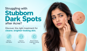 Woman highlighting dark spots on her cheek after acne, illustrating post-acne pigmentation treatment.